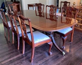 Lot#5   $850.00  Inlaid mahogany dining table                    76"L x 46 1/2"W x 30"H  plus two 20" leaves               (one leave as is)