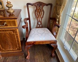 Lot#6   $950.00  Ten carved mahogany dining chairs 40"h x 22"w x 23"d  (2 need stabilization)