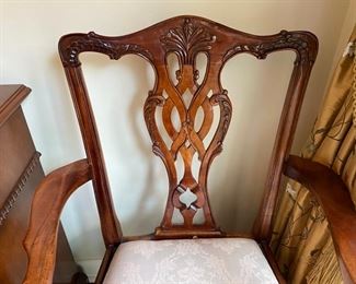 Lot#6   $950.00  Ten carved mahogany dining chairs 40"h x 22"w x 23"d  (2 need stabilization)