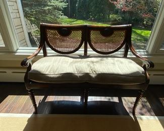 Lot#12  $450.00 Caned Settee with cushion                    36"h x 46"w x 23"d