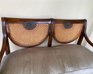 Lot#12  $450.00 Caned Settee with cushion                    36"h x 46"w x 23"d
