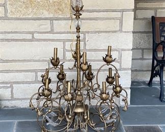 Lot#23   $200  Large burnished gold metal & glass chandelier 