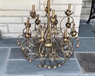 Lot#23   $200  Large burnished gold metal & glass chandelier 