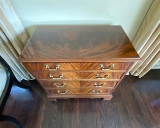 Lot #32 $250.00 Hickory chair Co. flame mahogany chest     30”h x 30”h x 16”d