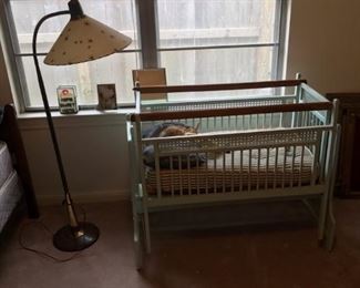 Antique baby bed / cradle combo, space-age floor lamp