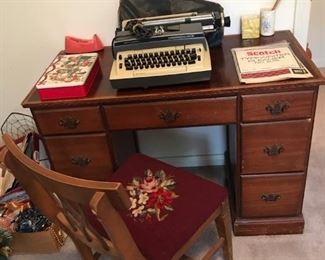 Vintage typewriter, desk, hand embroidered chair