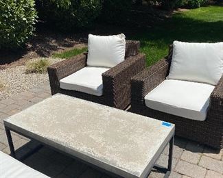 POTTERY BARN PATIO FAUX WICKER CONVERSATION SET-4 PC WITH CUSHIONS AND COVERS