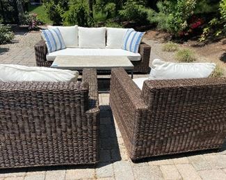 POTTERY BARN PATIO FAUX WICKER CONVERSATION SET-4 PC WITH CUSHIONS AND COVERS