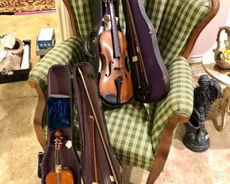 Viola and 1777 Carl Schneider German antique violin. 5 violin bows. 
