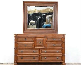 Modern 2-Piece Brown Wood 8-Drawer Dresser W/ Mirror, Damaged - Cabinet Door Loose