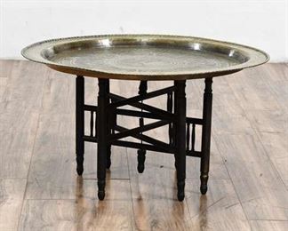 Hammered & Etched Solid Brass Chinese Zodiac 2-Piece Coffee Table With Folding Base