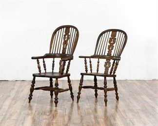 Pair Of Sturdy Windsor Spindle Back King & Queen Antique Wood Dining Chairs