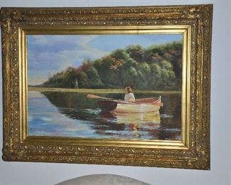 Wonderful oil on canvas framed " Girl in the canoe"