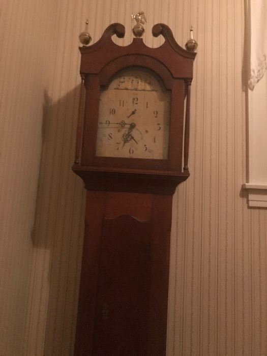 Magnificent Early Pennsylvania  Grandfathers Clock w Brass Finials.