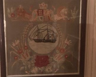 Antique Embroidered Crest w Ship in Background.