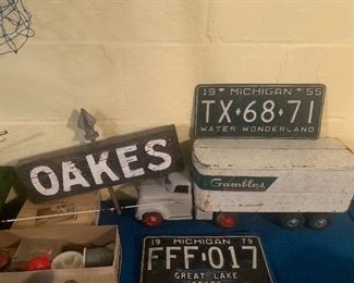 Vintage Tonka Truck and Oakes Sign (clue of where the sale is going to be!)