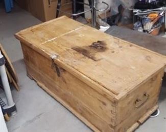 Antique pine chest with briwax finish. Spot on top that can be sanded out. Minimal chipping in trim work on bottom edges $875