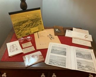 Weimar, Texas Memorabilia Booklet, Colorado County Vintage Postcards, Vintage Tickets, Southwestern Fine Arts Summer Exhibition Program from The University of Texas, 12K Gold Filled Antique  Glasses, Vintage Keys & Sappho Studio Memorabilia