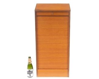 Danish Mid-Century cabinet, tambour front door opens to interior with five valuables drawers, includes key.
38"h x 18"w x 14.5"d