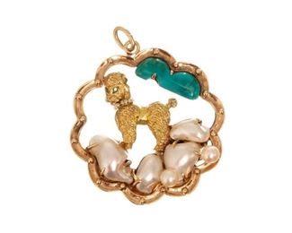 14k gold poodle pendant with thirteen pearls, turquoise, with two emeralds.
1.625", weight: 16.4 grams gross
