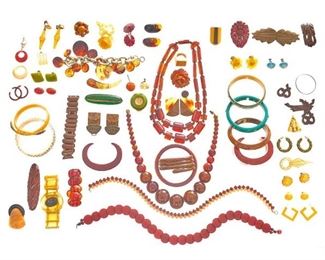 Lot of approx. sixty pieces of vintage Bakelite and Lucite costume jewelry, to include bracelets, necklaces, etc
