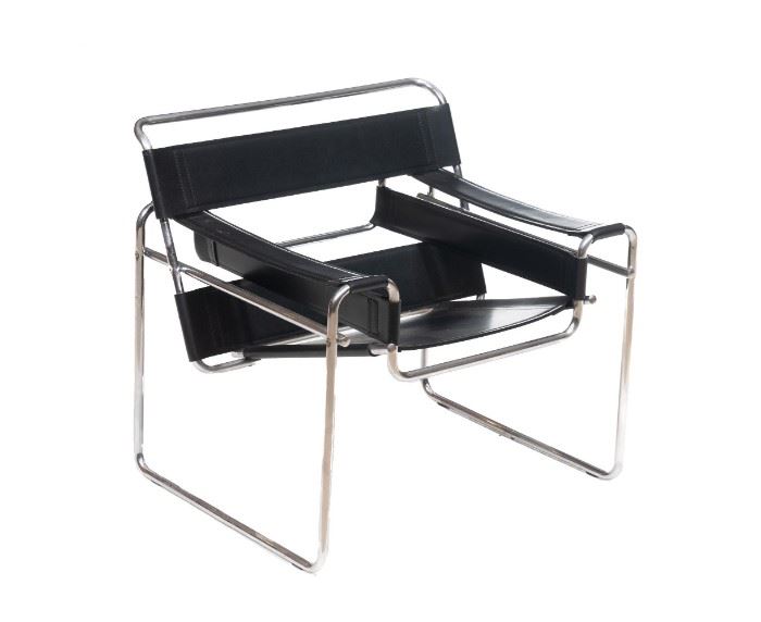 Attributed to Marcel Breuer (1902-1981), Mid-Century "Wassily" arm chair, chrome frame with black leather.
29.5"h x 31.5"w x 27"d