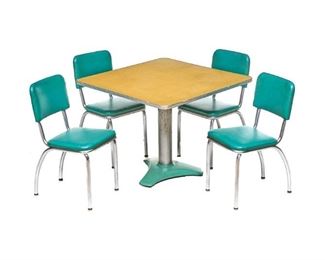Mid-Century Royalchrome diner style dining set, to include chrome table, four dining chairs, teal vinyl upholstery, chrome base.
32"h x 16"w x 20"d/ chairs
29"h x 36"w/ table