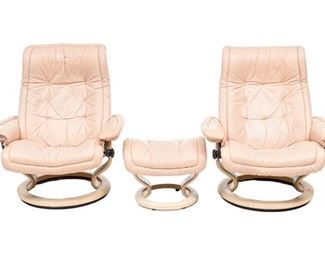 Pair of bent wood lounge chairs, light leather, button back, reclining, with matching ottoman

38"h x 35"w x 31"d/ chair