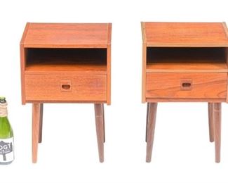 Pair of Danish Mid-Century night stands, open shelf above single drawer, rising on pin legs.
23"h x 15"w x 12"d/ each