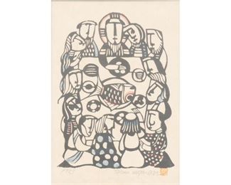 Sadao Watanabe, Last Supper, dated 1973, block print on parchment, framed
