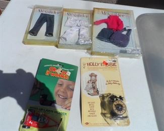 Madame Alexander doll clothes, Retro miniature lawn mower, Hollie Hobbie miniature doll telephone