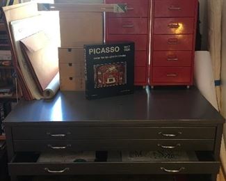 Artists storage items including a flat file steel cabinet for works on paper and documents