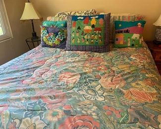 Full size bed and hand made, embroidered pillows 