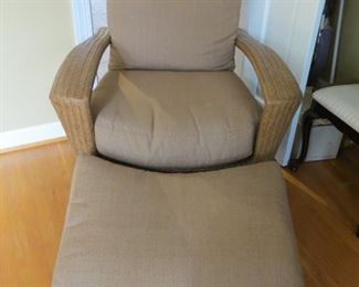 VERY COMFORTABLE LARGE WICKER CHAIR & MATCHING OTTOMAN BY EDDIE BAUER.