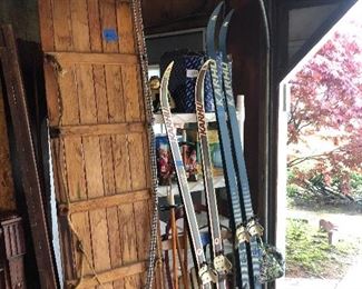 cross country skis & poles, vintage wooden toboggan