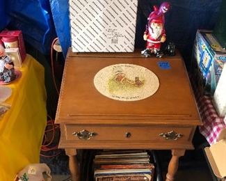 fairy doll, red wings gnome, large acrylic lighted snowman, records/albums, vintage record player desk