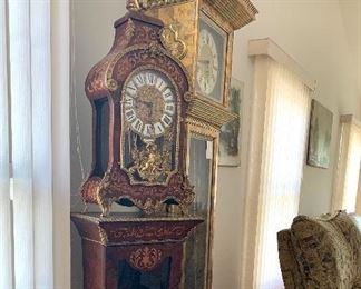 Stunning reproduction Tiffany Grandfather clock w/matching stand w/glass door and glass shelves 