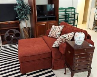 Flatware chest, entertainment center, chair & ottoman, contemporary rug