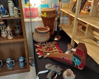 Native American baskets, figures, masks