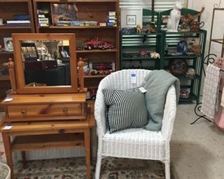 Pine table, dresser mirror,, wicker chairs, Nicole Miller rug