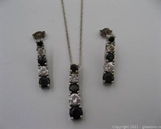 Sterling Silver Onyx and CZ Necklace and Earring Set