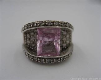 Sterling Silver Imitation Pink Sapphire and CZ Ring