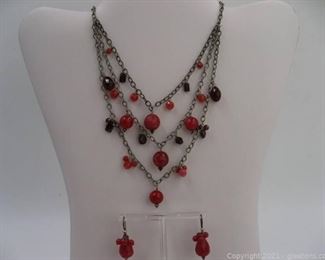 Sterling Silver Red Dyed Jasper and Garnet Necklace Earring Set