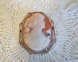 Antique 14k white gold carved cameo brooch pendant.