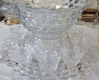 American Fostoria 14" crystal punch bowl , stand, ladle, cups and underplate. 