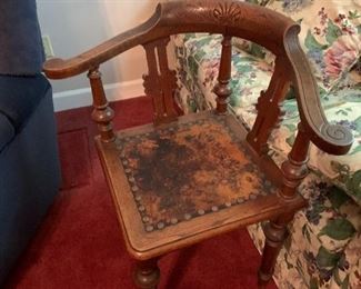 #29	Corner Chair Wood w/leather Seat w/carved Back - Antique - as is Needs tightening	 $125.00 
