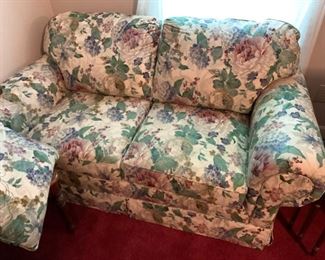 #30	Loveseat w/Floral Designs  65"W	$65           #21	Cream/Floral Burgundy/Green Cream w/attached back cushions  Sofa   89" Long	 $75.00 

