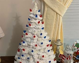 #70	White Ceramic Christmas Tree on Pedestal w/Lights in Red, White & Blue & Star on Top 21" Tall - Needs Rewiring	 $50.00 
