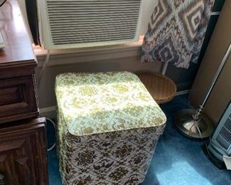 #112	White/Gold Sewing Stool w/Storage on Wheels  16sq x 18	 $25.00 
