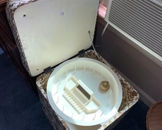 #112	White/Gold Sewing Stool w/Storage on Wheels  16sq x 18	 $25.00 